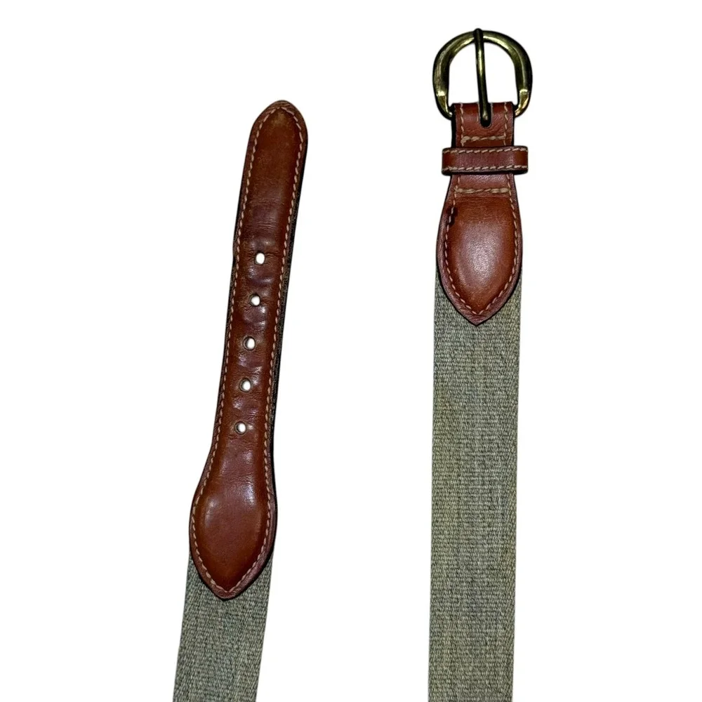 VTG Club Room Canvas Leather Belt Mens 38 Green Brass Preppy England USA‎